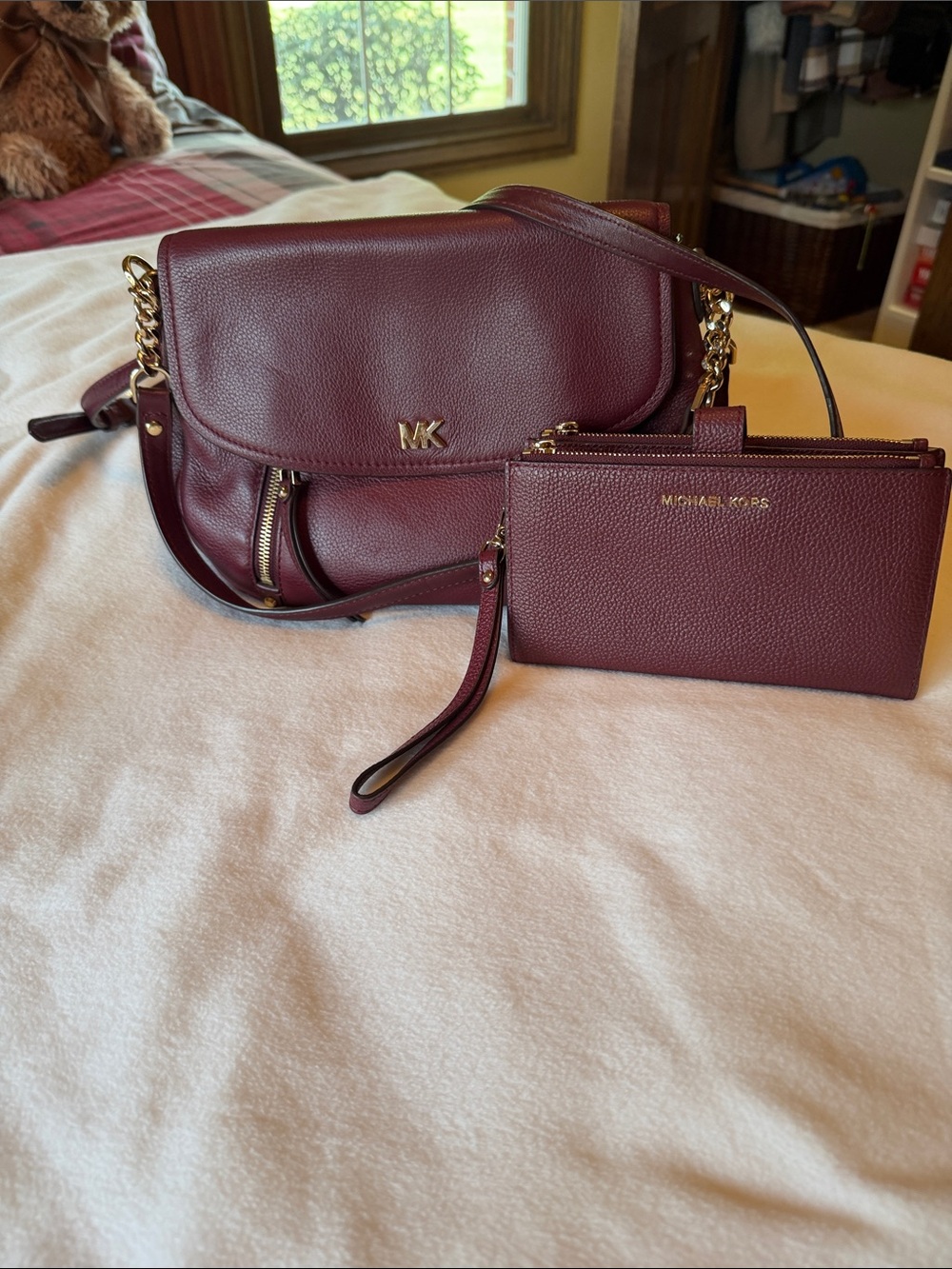 Michael Kors Wine Pebbled Leather Crossbody with Wristlet Set